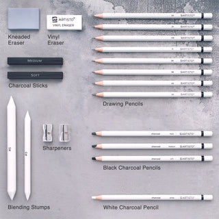 The set includes pencils, pencil erasers, sharpeners, and other items included in the kit