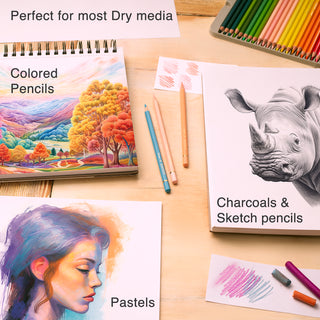 Various drawings in notepads using colored pencils