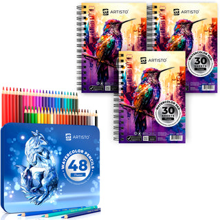 A set of 48 notebooks and colored pencils