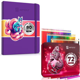 Violet Hardcover sketchbook and watercolor pencils 72 colors