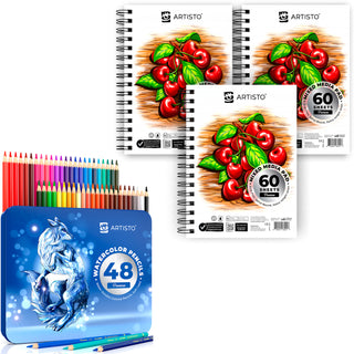 three mixed media pads and watercolor pencils 48 colors