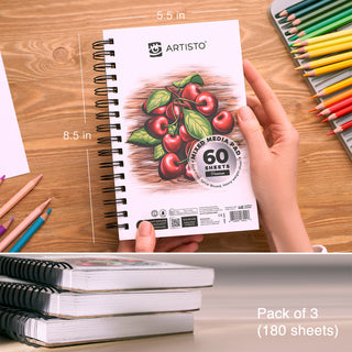 ARTISTO Mixed Media Sketchbooks 5.5 x 8.5" & Watercolor Pencils (48 colors) Bundle