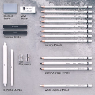 A set of black, white pencils, erasers, and pencil sharpeners