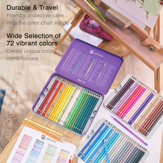 a box of colored pencils on the table with drawings and swatches nearby