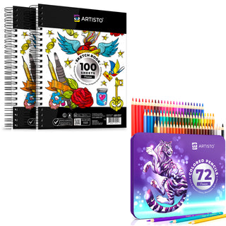 A set of 100-page notebooks and a set of 72 colored pencils