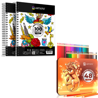 A set of 100-page notebooks and a set of 48 colored pencils.