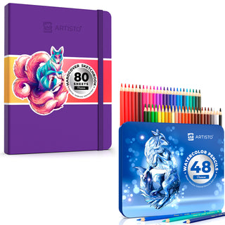 Violet Hardcover sketchbook and watercolor pencils 48 colors