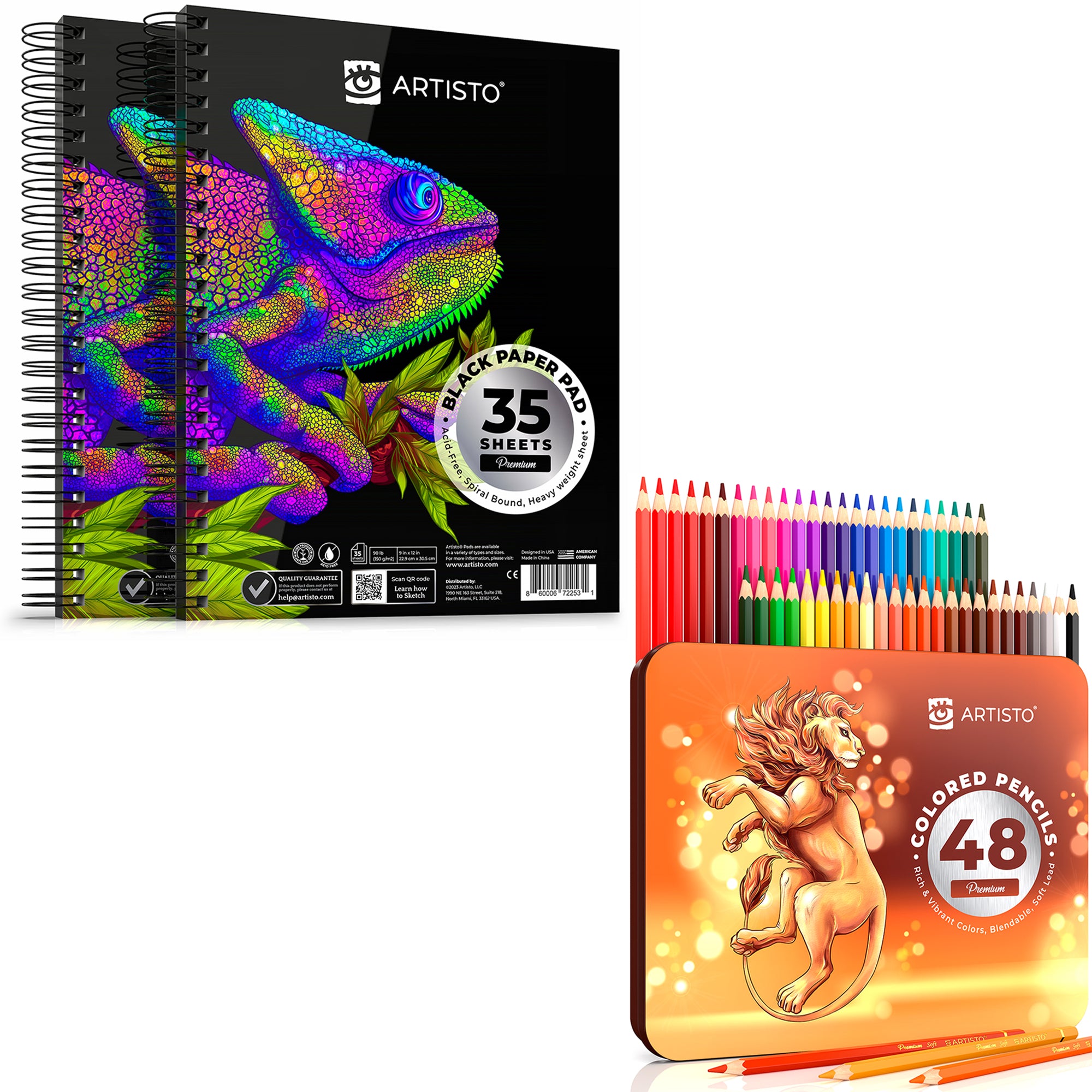 ARTISTO Black Paper Pads 9 x 12 & Colored Pencils (48 colors) Bundle